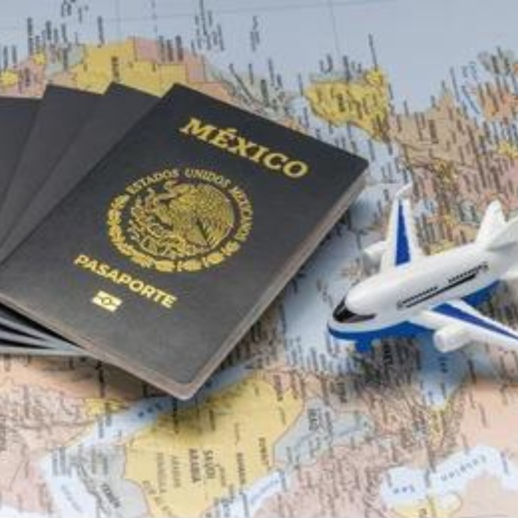 Mexican passport next to an airplane on a world map. Mexicans traveling abroad